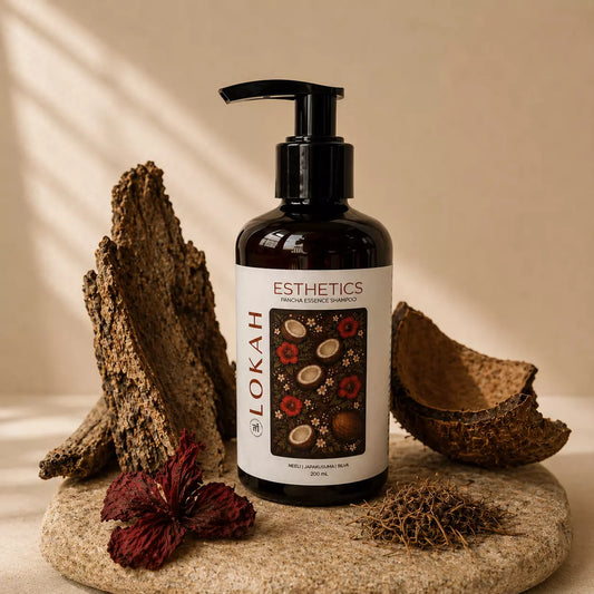 Lokah Esthetics shampoo bottle with natural elements on a neutral background