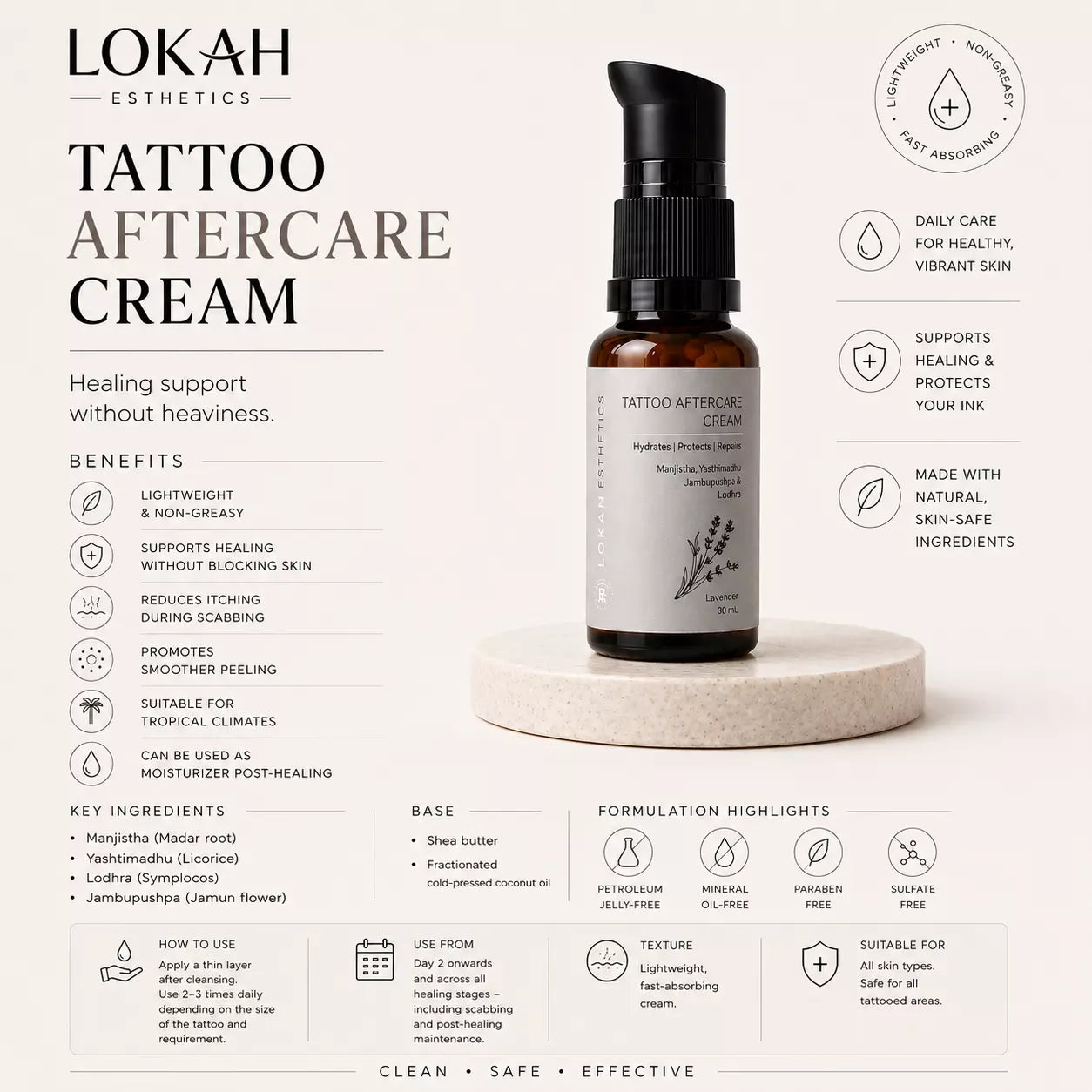 Lokah Esthetics Tattoo Aftercare Cream bottle on a white background with product details.